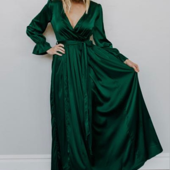 dark green satin maxi dress